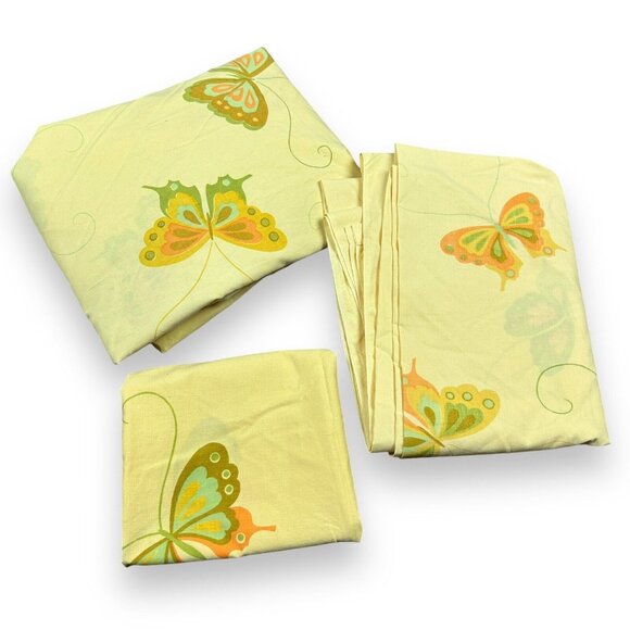 Vtg 60s 70s Hanae Mori 3 Pc Twin Sheet Set Butterfly Yellow MCM Retro Hippie - Picture 1 of 8